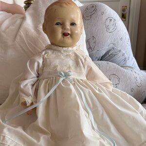 Charming Bonnie Baby Doll in White Dress with Blue Ribbon